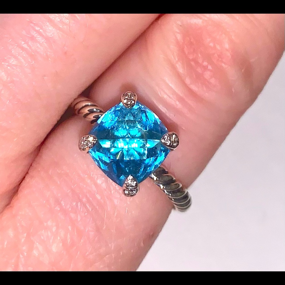 David Yurman Blue Topaz Cushion Ring with Diamond Accents